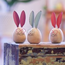 Product Wooden rabbit decorative figures with faces for playful accents on tables and shelves, 14cm, 3 pieces