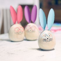 Product Wooden rabbit decorative figures with faces for playful accents on tables and shelves, 14cm, 3 pieces