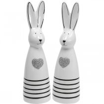 Rabbit ceramic black and white, Easter bunny decoration pair of rabbits with heart H20.5cm 2pcs