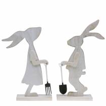 Product Rabbit with garden tools white wood H28/30.5cm set of 2