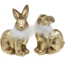 Gold rabbit sitting gold colored terracotta with feathers H20cm 2pcs