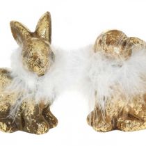 Gold rabbit sitting gold colored terracotta with feathers H10cm 4pcs