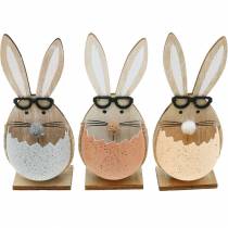 Product Wooden rabbit in an egg, spring decoration, rabbits with glasses, Easter bunnies 3pcs