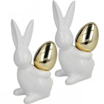 Rabbits with gold egg, ceramic rabbits for Easter noble white, golden H13cm 2pcs
