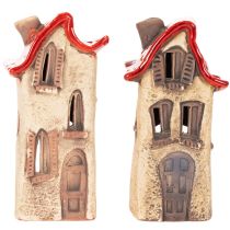 Product Ceramic house decoration with red roof, light-up house, 15cm, 2 pieces