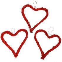 Bast hearts to hang red 10cm 12pcs