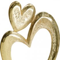 Metal heart golden, decorative heart on mango wood, table decoration, double heart, Valentine&#39;s Day