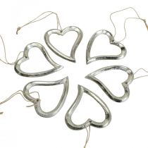Heart decoration for hanging metal heart silver 7.5 × 8.5 cm 6 pieces
