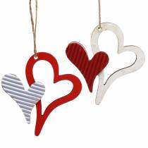 Heart pendant made of wood red, white 8cm 24pcs