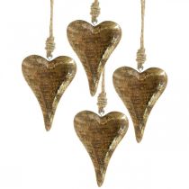 Wooden hearts with gold decor, mango wood, decorative pendants 10cm × 7cm 8pcs