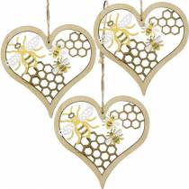 Decorative heart bees yellow, golden wood heart for hanging summer decoration 6pcs