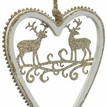 Hearts to hang with inlay wood, plastic white, golden, Ø9.2cm H12cm 4pcs