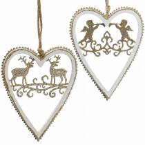 Product Hearts for hanging with inlay wood, plastic white, golden, Ø9.2cm H12cm 4 pcs