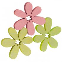 Wooden flowers scatter decoration blossoms wood yellow/pink/green Ø2cm 144p
