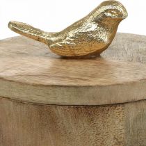Jewelry box with bird, spring, deco box made of mango wood, real wood natural, golden H11cm Ø12cm