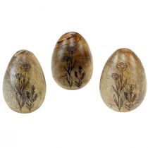 Wooden eggs natural mango wood Easter eggs made of wood floral decoration H10cm 3pcs