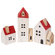 Product Decorative wooden house set, red and white, multi-piece winter decoration, 13cm, 6 pieces
