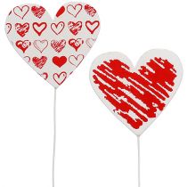Wooden heart on a stick 7cm x 7cm white, red 12pcs