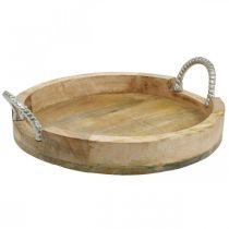 Tray with metal handles, wood decoration round real wood, metal natural, silver Ø31cm