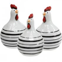 Decorative chicken ceramic white with black stripes round Ø 7cm H11cm 3pcs