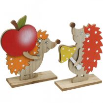 Autumn figure, hedgehog with apple and mushroom, wood decoration orange / red H24 / 23.5cm set of 2
