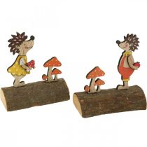 Hedgehog with mushrooms, autumn figure, pair of wooden hedgehogs yellow / orange H11cm L10 / 10.5cm set of 2