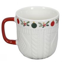 Product Ceramic Christmas mug with knitted pattern and festive decoration 9cm - red-white 2pcs