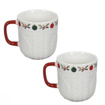 Product Ceramic Christmas mug with knitted pattern and festive decoration 9cm - red-white 2pcs