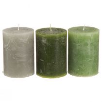 Product Green pillar candles, 3 shades, solid color, rustic, 70x100mm, set of 12, for decoration and Advent