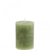 Product Solid-color pillar candles, olive green, 70x100mm, set of 4, long burning time, high-quality wax