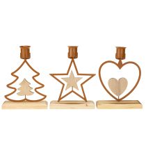 Product Candlestick candles star heart fir brown H16.5cm assorted 3pcs