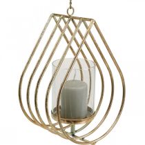 Lantern hanging tealight holder metal gold teardrop H22.5cm
