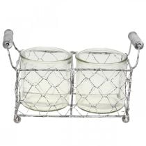 Vintage Wire Basket Whitened with Glass Vase Lantern 21×10.5cm
