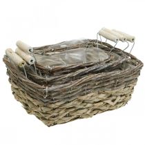 Product Plant basket with handles, square basket bowl, natural planter for planting shabby chic washed white L30/25.5/21 cm H12/11/10 cm set of 3
