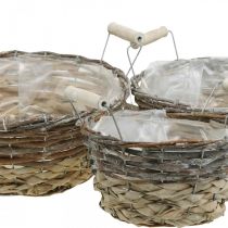 Plant basket with handles, decorative container for Easter, natural basket, shabby chic white washed Ø28/24/19cm H12/11/10cm set of 3