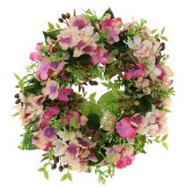 Flower wreath with hydrangeas and berries pink Ø30cm