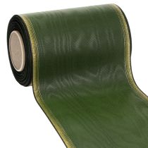 Product Moiré wreath ribbon, 150mm, dark green with gold pearl edge, taffeta weave, 25m roll for decoration and design