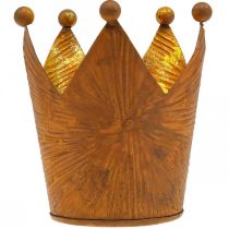 Product Tea light holder crown rust gold look metal decoration H10cm