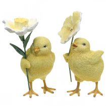 Happy Easter chicks, chicks with flowers, Easter table decorations, decorative chicks H11/11.5cm, set of 2