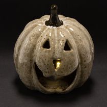 Product Ceramic pumpkin decoration with LED and grinning face, 13cm