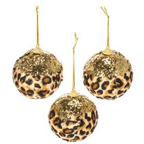 Product Christmas bauble leopard pattern with golden glitter 7cm 3pcs