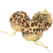 Product Christmas bauble leopard pattern with golden glitter 7cm 3pcs