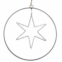 LED star in a decorative ring to hang in silver metal Ø30cm