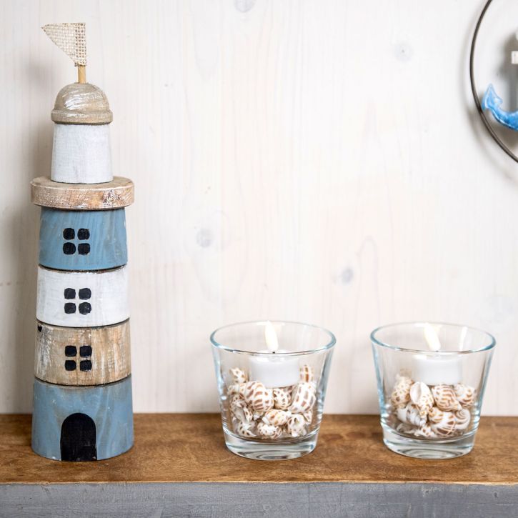 Product Wooden Lighthouse Maritime Wood Deco Blue White H30.5cm