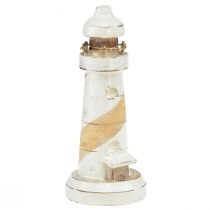Lighthouse made of wood natural white table decoration Ø7.5cm H19cm