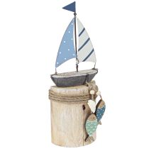 Product Maritime Decoration Sailboat Wood with Fish White Blue H24cm