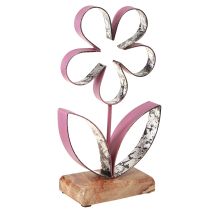 Product Metal Decoration Flower on Wooden Base Old Pink Silver H29cm