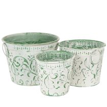 Product Metal pots with handles, planters with embossing, white, green, shabby chic, H20.5/18.5/16cm, Ø25.5/20.5/15.5cm, set of 3