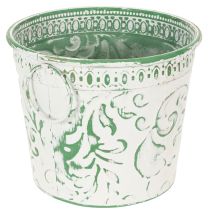 Product Metal pots with handles, planters with embossing, white, green, shabby chic, H20.5/18.5/16cm, Ø25.5/20.5/15.5cm, set of 3