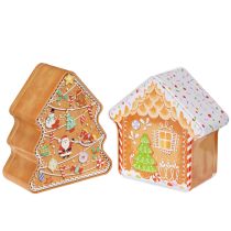 Product Christmas tin, cookie tin, Christmas tree and house, gingerbread look, 14cm, 2 pieces